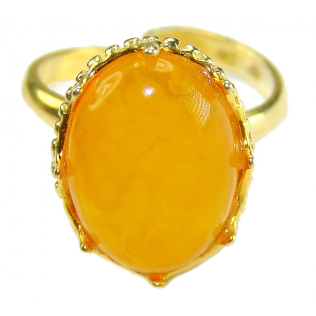 Authentic Golden Butterscotch Baltic Amber 14K Gold over .925 Sterling Silver entirely handcrafted ring; s. 7 adjustable - Close-up of golden butterscotch amber ring in 14K gold setting.