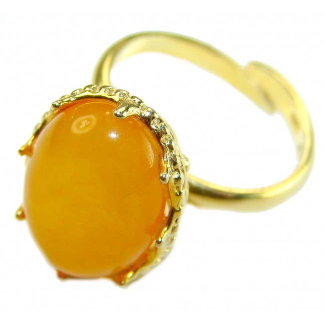 Authentic Golden Butterscotch Baltic Amber 14K Gold over .925 Sterling Silver entirely handcrafted ring; s. 7 adjustable - Amber ring with gold detail, close-up angle