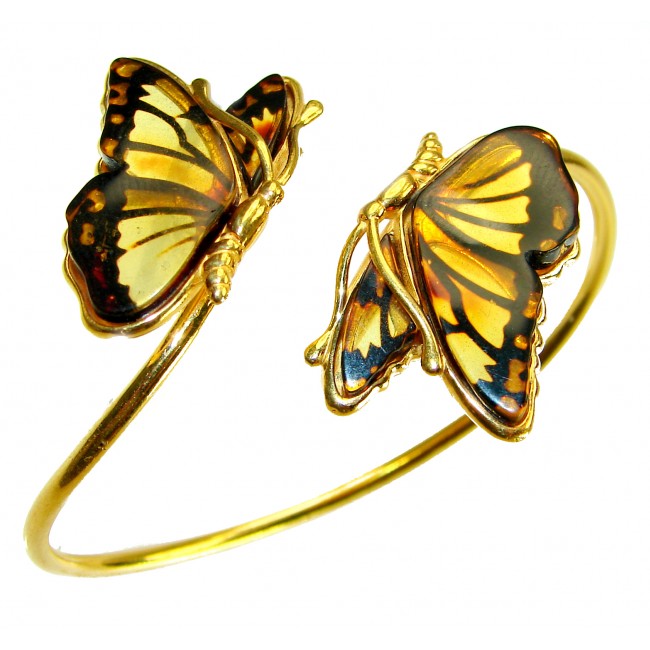 Golden Butterfly Genuine carved Baltic Amber .925 Sterling Silver dipped in 18K Gold handamde Bracelet - photo 1