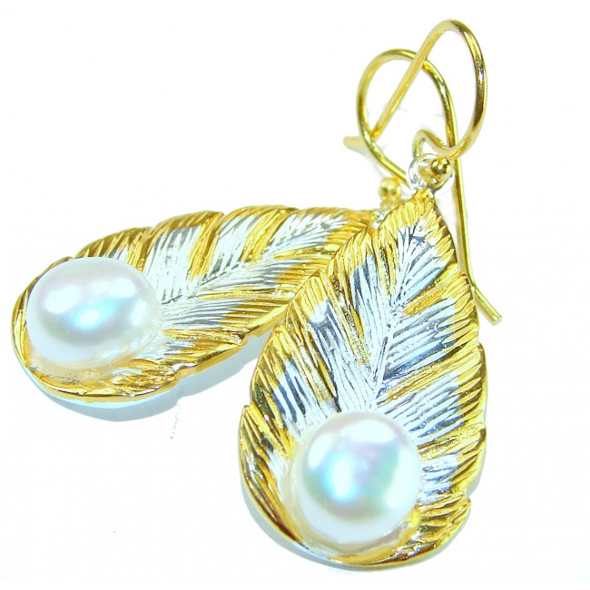 Classy Design - Genuine Pearl 14K Gold over .925 Sterling Silver handcrafted Statement Earrings - photo 2