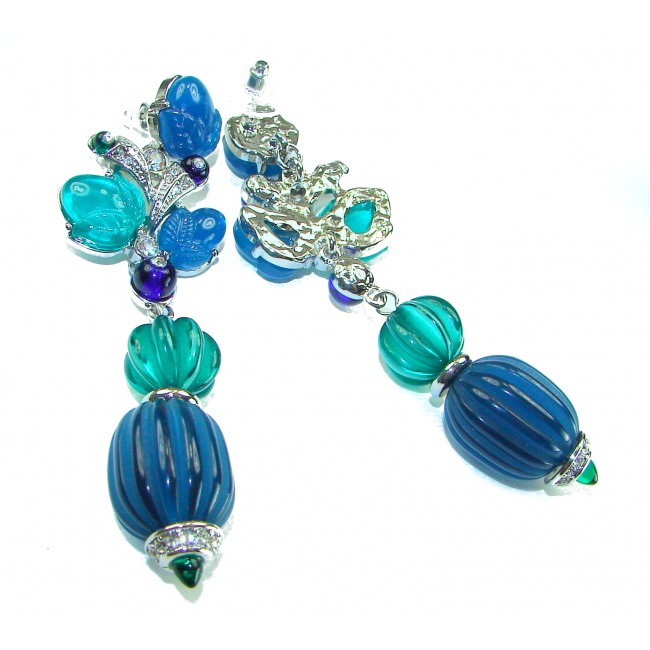 Blue Extravaganza - Very Unique 60.5 carat Emerald Sapphire .925 Sterling Silver handcrafted earrings