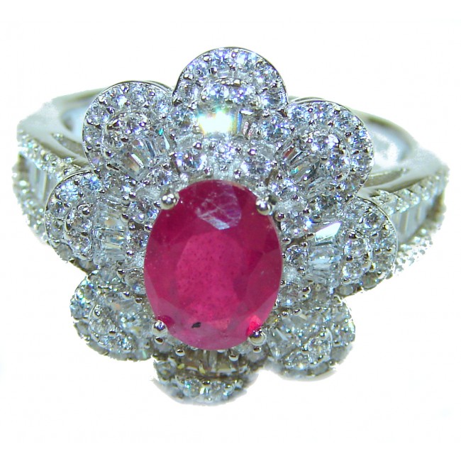 Real Beauty Natural 8.9 carat Ruby .925 Sterling Silver handmade Statement Ring size 7 - Front view of a ruby ring with diamond accents in sterling silver setting.