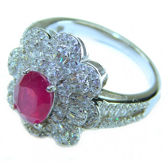 Real Beauty Natural 8.9 carat Ruby .925 Sterling Silver handmade Statement Ring size 7 - Ruby and diamond ring, side view, showcasing intricate detailing.