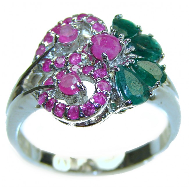 Real Beauty Natural 8.9 carat Ruby Emerald .925 Sterling Silver handmade Statement Ring size 8 - Ruby and emerald ring, top view, set in .925 sterling silver.