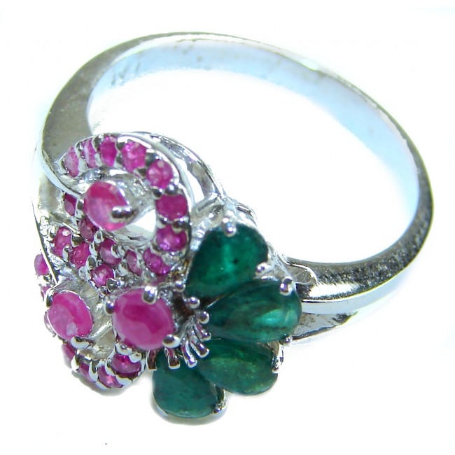 Real Beauty Natural 8.9 carat Ruby Emerald .925 Sterling Silver handmade Statement Ring size 8 - Close-up of ruby and emerald ring in sterling silver.