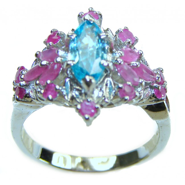 Emily 8.5 carat Swiss Aquamarine Ruby .925 Sterling Silver handmade Statement Ring size 7