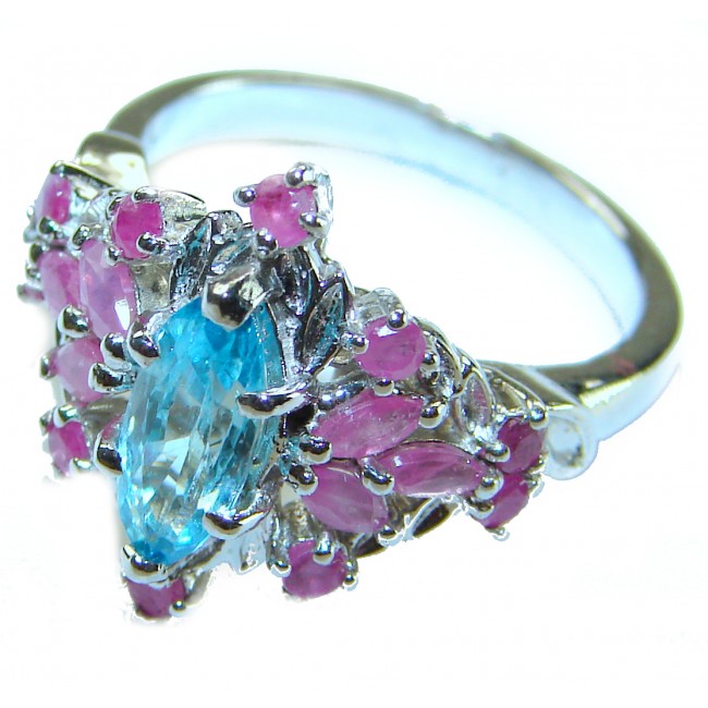 Emily 8.5 carat Swiss Aquamarine Ruby .925 Sterling Silver handmade Statement Ring size 7