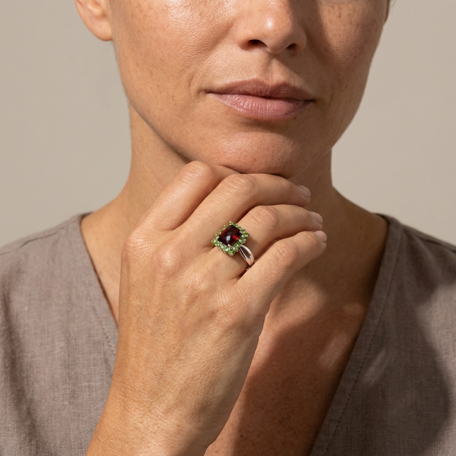 Emma 7.5 carat emerald cut Mozambique Ruby .925 Sterling Silver handcrafted ring; s. 9 - Mozambique Ruby ring worn on hand, emerald cut, 7.5 carat, sterling silver