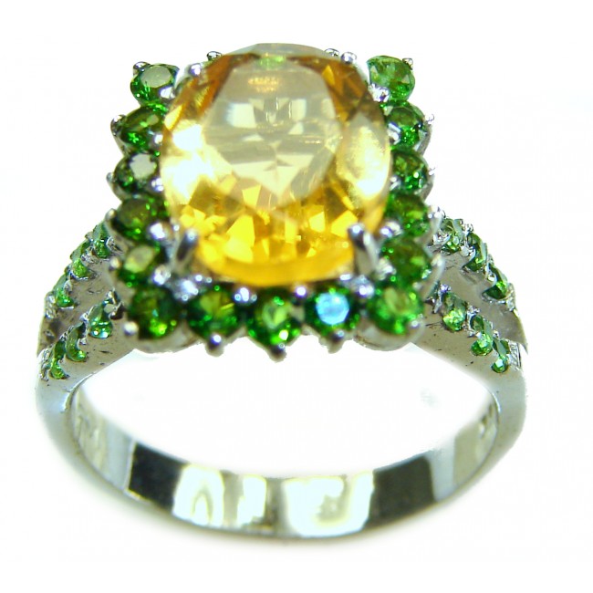 Casablanca 6.5 carat Citrine Emerald .925 Sterling Silver Handcrafted Ring size 6