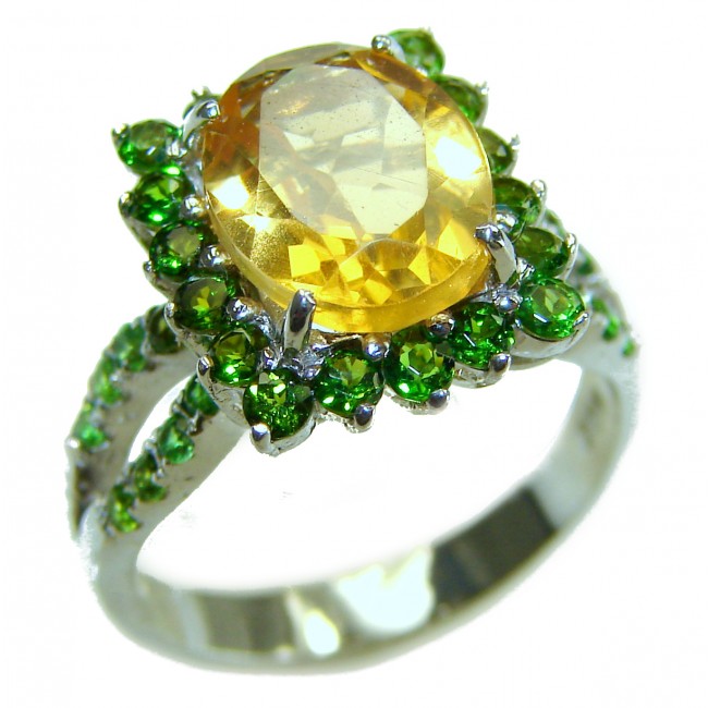 Casablanca 6.5 carat Citrine Emerald .925 Sterling Silver Handcrafted Ring size 6