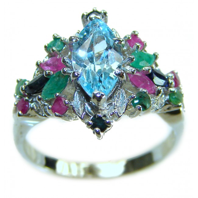 Emily 8.5 carat Swiss Aquamarine Ruby Emerald .925 Sterling Silver handmade Statement Ring size 7