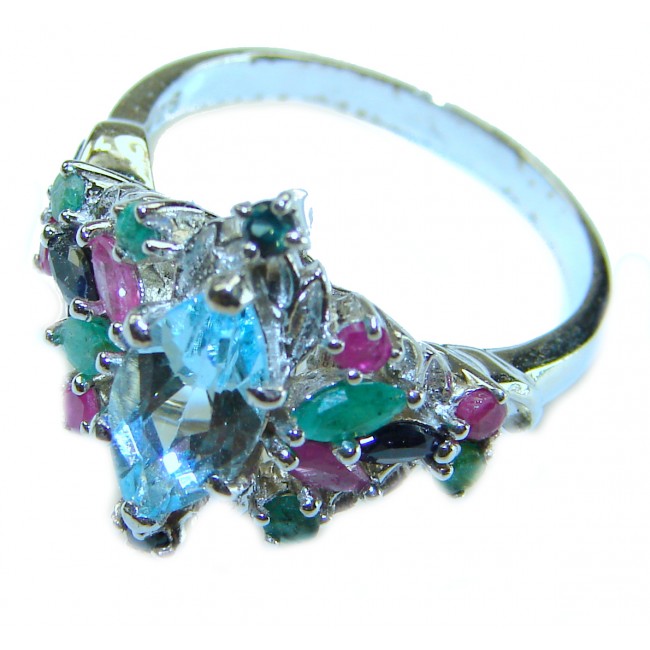 Emily 8.5 carat Swiss Aquamarine Ruby Emerald .925 Sterling Silver handmade Statement Ring size 7