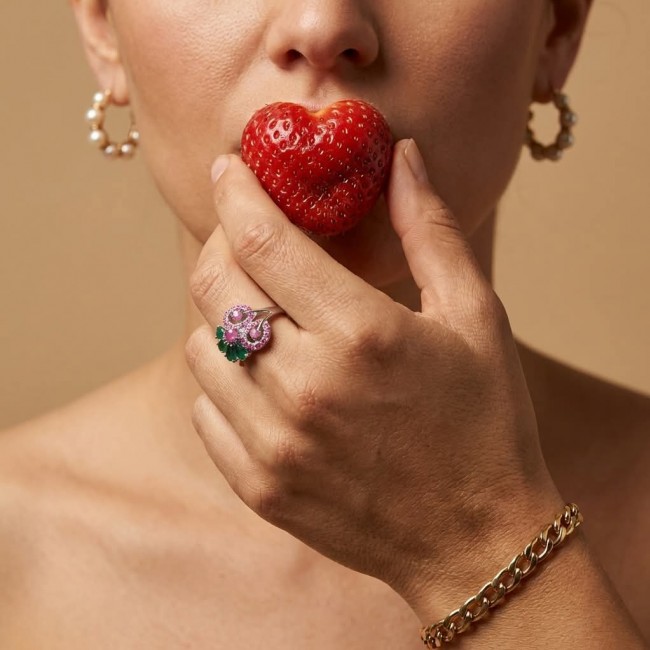 Real Beauty Natural 8.9 carat Ruby Emerald .925 Sterling Silver handmade Statement Ring size 8 - Ruby and emerald ring worn on hand, close-up with strawberry.