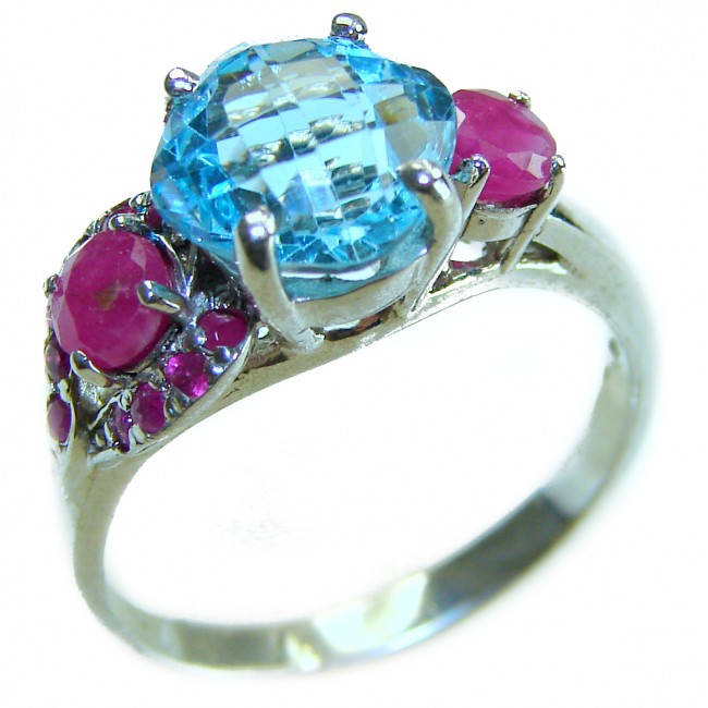 Emily 6.8 carat Swiss Blue Topaz Ruby .925 Sterling Silver handmade Statement Ring size 7 - photo 3