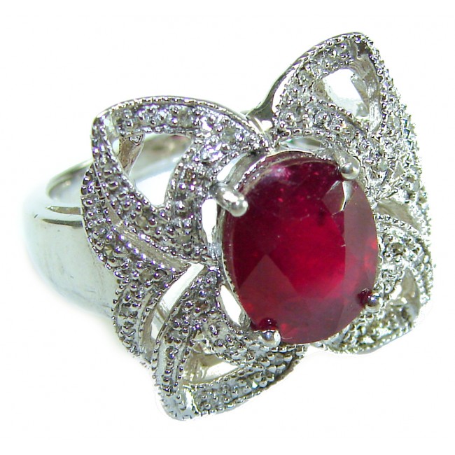 Real Beauty Natural 8.9 carat Ruby .925 Sterling Silver handmade Statement Ring size 8 - Close-up of intricate silver ring with 8.9 carat ruby centerpiece.