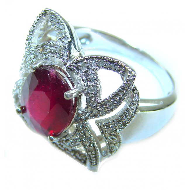 Real Beauty Natural 8.9 carat Ruby .925 Sterling Silver handmade Statement Ring size 8 - Close-up of ruby ring with intricate silver design, top view.