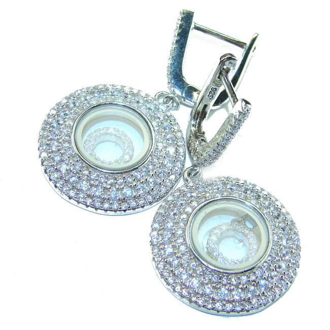 Floating Memories 11.5 carat White Topaz .925 Sterling Silver Handcrafted Statement earrings - Close-up of floating memories earrings with white topaz, clasp detail.