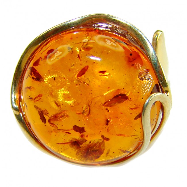 Beauty of the Sea - Natural Baltic Amber 14K Gold over .925 Sterling Silver handcrafted ring; s. 7 adjustable - Close-up of Baltic amber ring with gold setting.