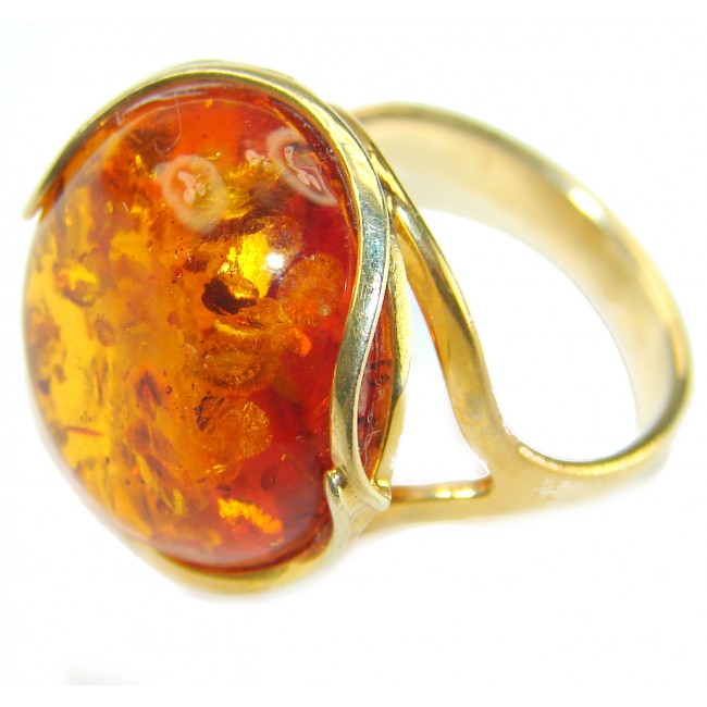 Beauty of the Sea - Natural Baltic Amber 14K Gold over .925 Sterling Silver handcrafted ring; s. 7 adjustable - Close-up of Baltic amber ring with 14K gold band