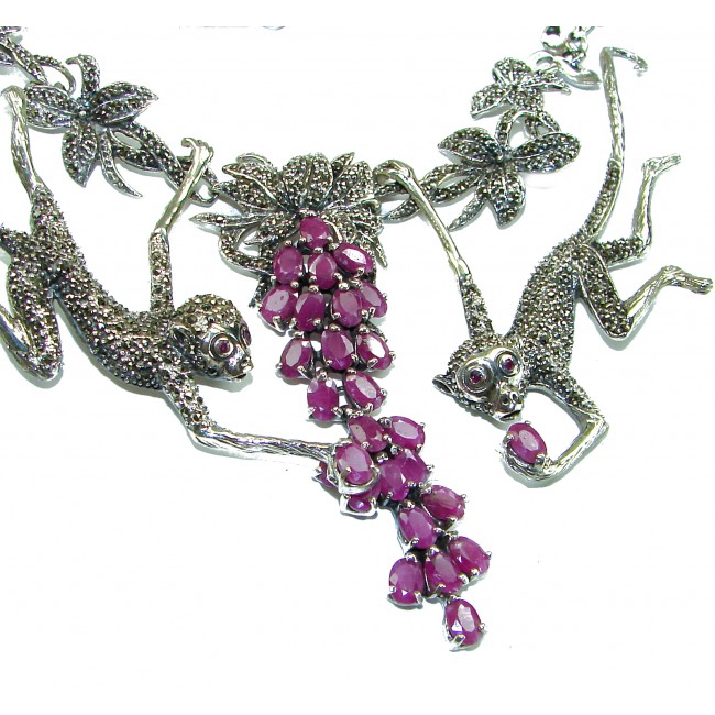 Wild Jungle - playing Monkeys - 88.5 carat genuine Ruby .925 Sterling Silver handmade Statement necklace