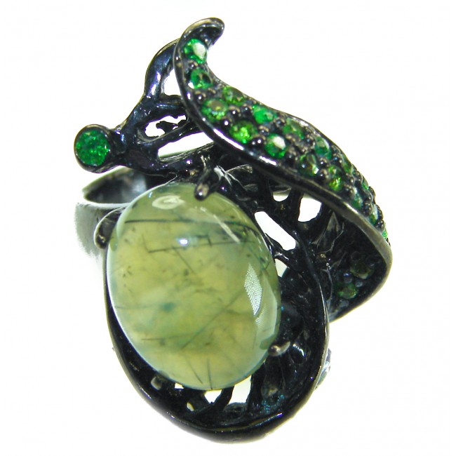 Best quality Prehnite black rhodium over .925 Sterling Silver handcrafted LARGE Ring Size 7 1/4