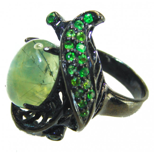 Best quality Prehnite black rhodium over .925 Sterling Silver handcrafted LARGE Ring Size 7 1/4