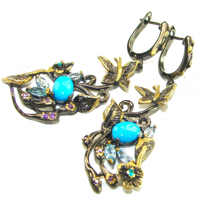 Glden Butterflies Sleeping Beauty Turquoise Marcasite black rhodium over .925 Sterling Silver Handcrafted earrings