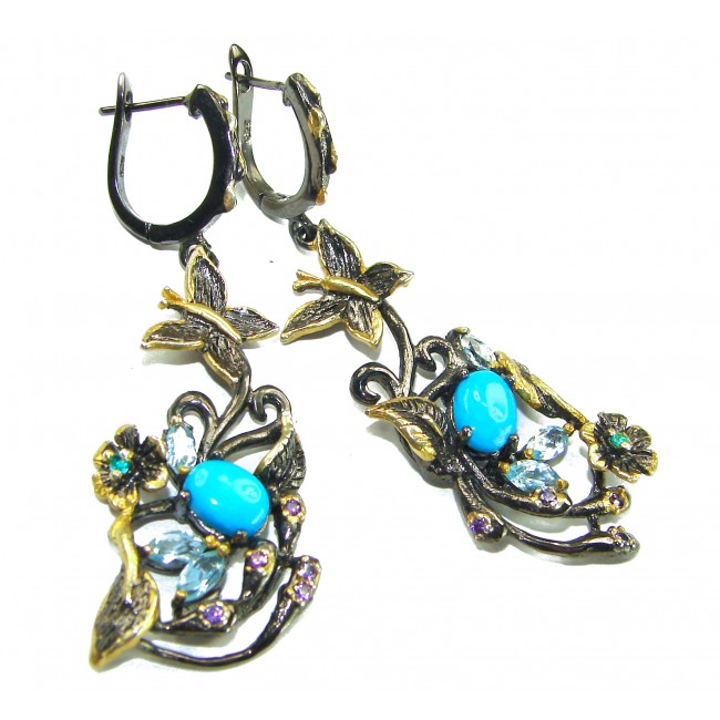 Glden Butterflies Sleeping Beauty Turquoise Marcasite black rhodium over .925 Sterling Silver Handcrafted earrings