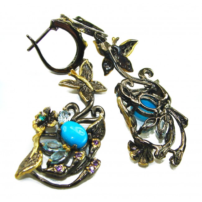 Glden Butterflies Sleeping Beauty Turquoise Marcasite black rhodium over .925 Sterling Silver Handcrafted earrings
