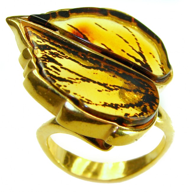 Authentic carved Baltic Amber .925 Sterling Silver dipped in 18K Gold handcrafted ring; s. 8 adjustable - Close-up of carved Baltic Amber ring in gold-plated sterling silver setting