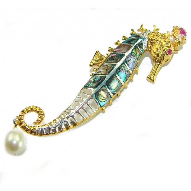 Precious SeaHorse Natural Rainbow Abalone Ruby 14K Gold over .925 Sterling Silver handmade Pendant Brooch
