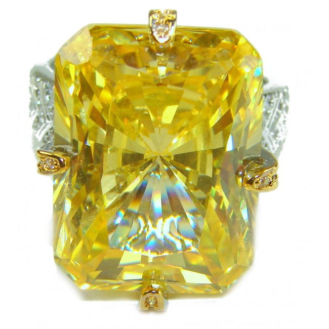 Solid 35.8 carat Genuine Yellow Sapphire 2 tones .925 Sterling Silver handcrafted ring size 8 adjustable