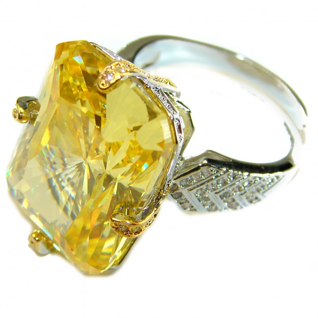 Solid 35.8 carat Genuine Yellow Sapphire 2 tones .925 Sterling Silver handcrafted ring size 8 adjustable