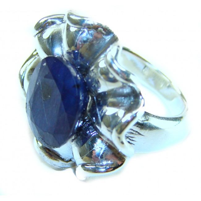 Blue Flower AAAA QUALITY Blue Sapphire .925 Sterling Silver handmade Large ring size 7 - Side view of blue sapphire ring in sterling silver flower setting.