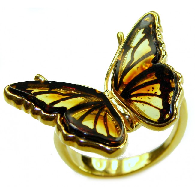 Butterfly Authentic carved Baltic Amber 18K Gold over .925 Sterling Silver handcrafted ring; s. 7 adjustable