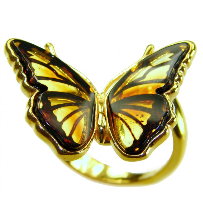Butterfly Authentic carved Baltic Amber 18K Gold over .925 Sterling Silver handcrafted ring; s. 7 adjustable