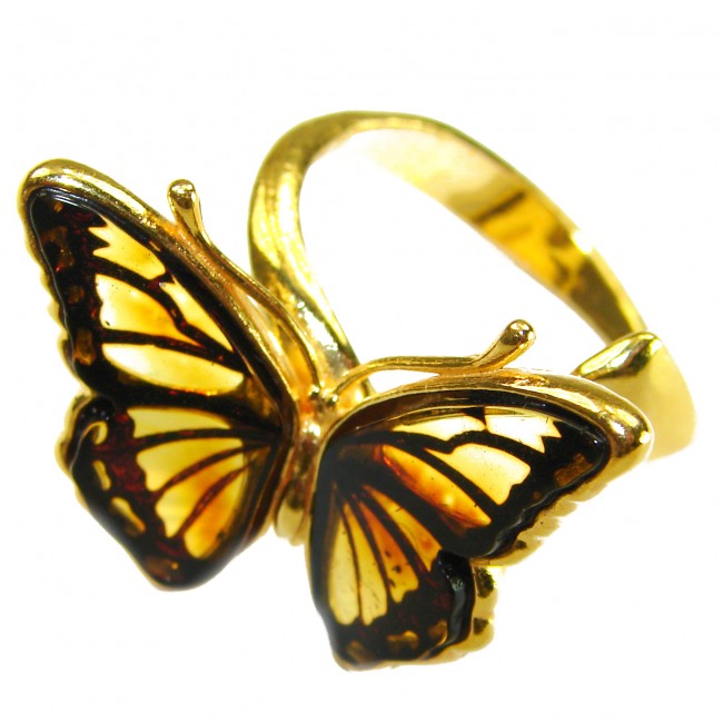 Butterfly Authentic carved Baltic Amber 18K Gold over .925 Sterling Silver handcrafted ring; s. 7 adjustable
