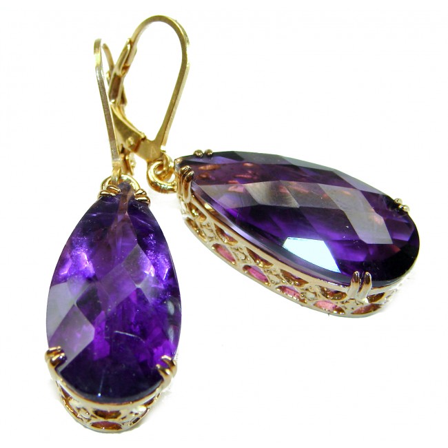 Natural 22.6 carat fancy cut Amethyst 14K Gold over .925 Sterling Silver handmade earrings