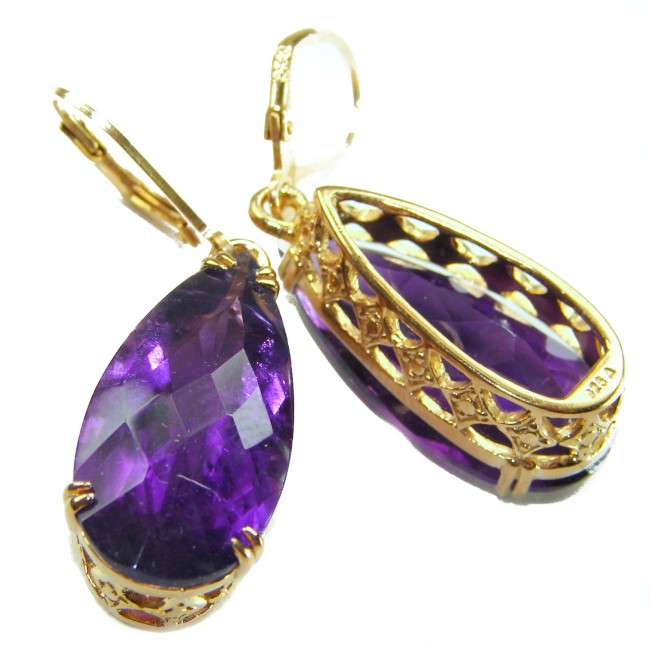 Natural 22.6 carat fancy cut Amethyst 14K Gold over .925 Sterling Silver handmade earrings