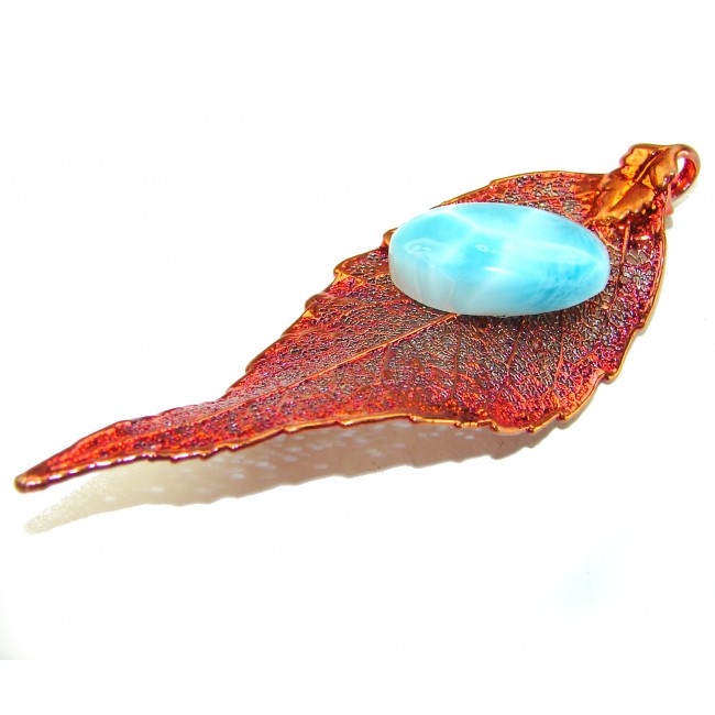 Rain Drop REAL Leaf dipped in copper Genuine 12.2 carat Larimar & .925 Sterling Silver Pendant