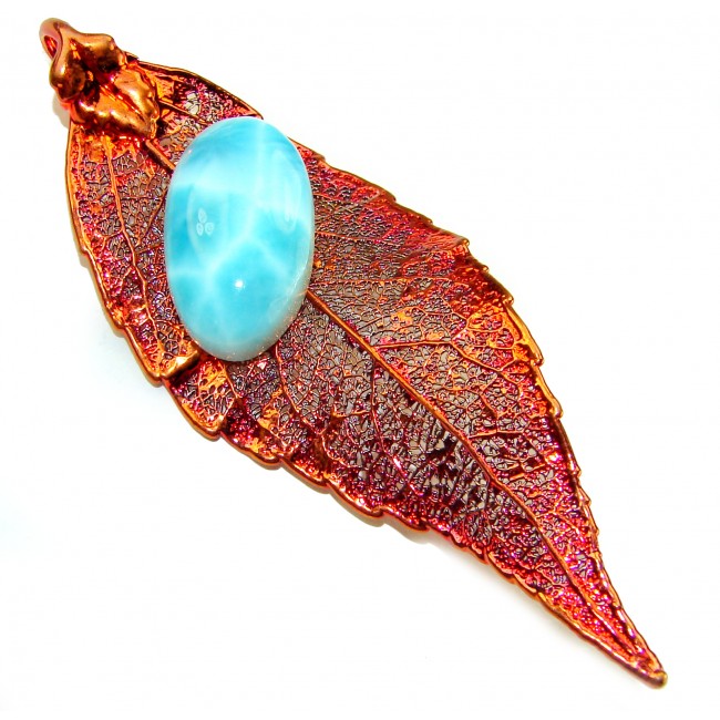 Rain Drop REAL Leaf dipped in copper Genuine 12.2 carat Larimar & .925 Sterling Silver Pendant