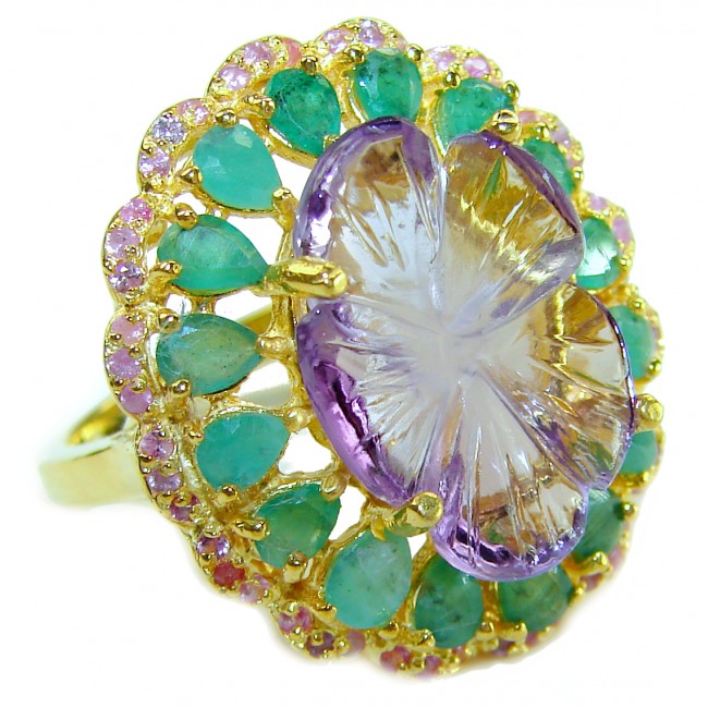 Purple Royalty 14.5 carat Amethyst Colombian Emerald .925 Sterling Silver dipped in 18K Gold over Handcrafted Ring size 9