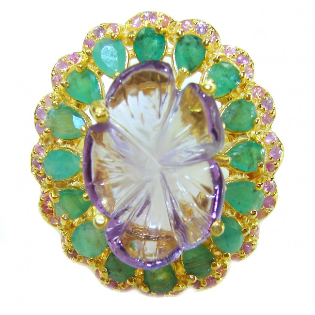Purple Royalty 14.5 carat Amethyst Colombian Emerald .925 Sterling Silver dipped in 18K Gold over Handcrafted Ring size 9