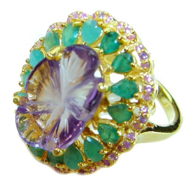 Purple Royalty 14.5 carat Amethyst Colombian Emerald .925 Sterling Silver dipped in 18K Gold over Handcrafted Ring size 9