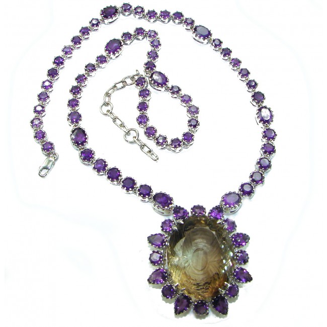 Outstanding 155.4 carat Autehntic carved Smoky Topaz Amethyst .925 Sterling Silver handcrafted Statement necklace