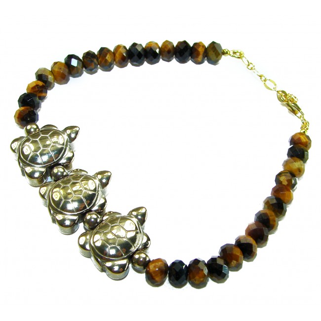 Three Turtles Tigers Eye 14K Gool over .925 Sterling Silver Bracelet