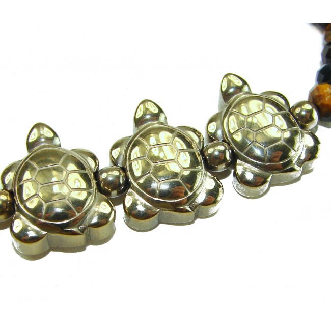 Three Turtles Tigers Eye 14K Gool over .925 Sterling Silver Bracelet