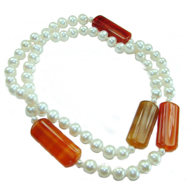 Incredible 30 inches long Freshwater Pearl Carnelian .925 Sterling Silver handmade Necklace - photo 3