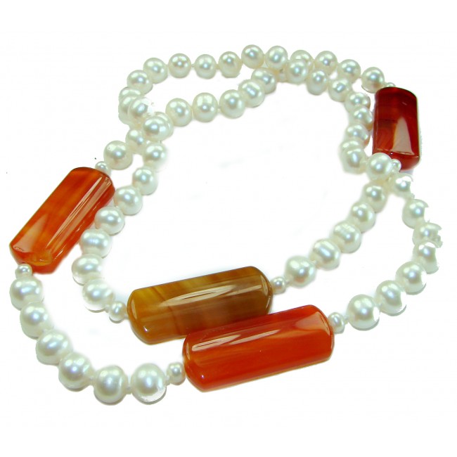 Incredible 30 inches long Freshwater Pearl Carnelian .925 Sterling Silver handmade Necklace - photo 2