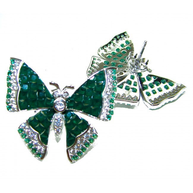 Incredible green Butterflies genuine 11.5 CARAT Emerald .925 Sterling Silver handcrafted Earrings - photo 2